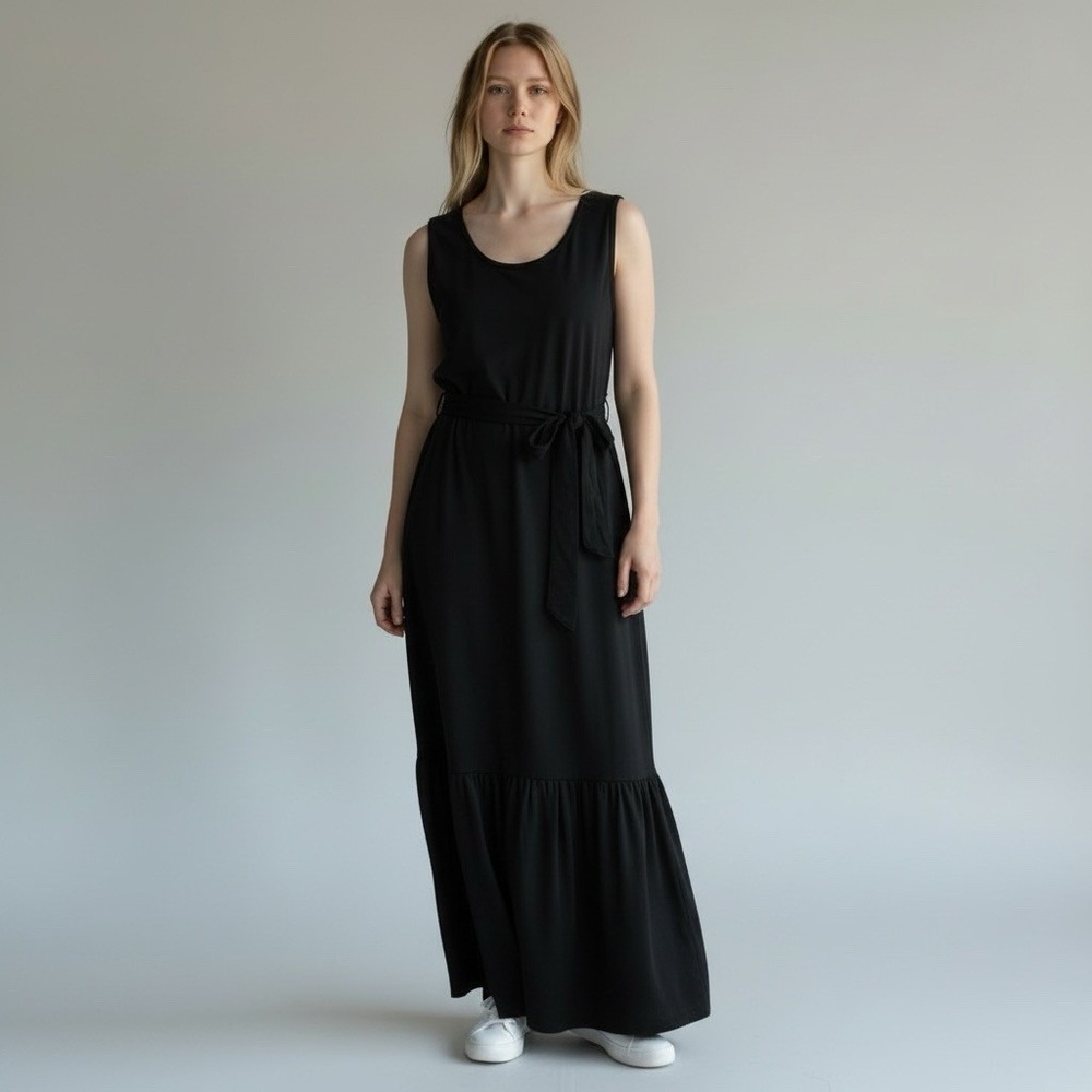 J.Crew Women's Midi Dress 3X Black 100% Cotton Knit Tie Waist Tiered Sleeveless